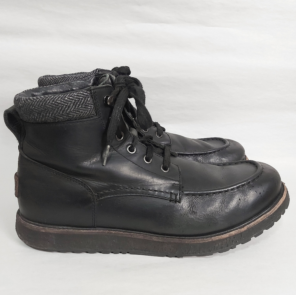 UGG Men Edgy Moto Combat Laceup Boots Black Leather High Ankle Motorcycle Hiking - Picture 3 of 11